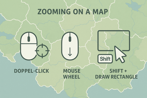 how to zoom on the map: double click, mousewheel, draw rectangle