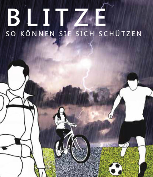 Comicartige Darstellung von Menschen beim Fahrradfahren und Fußballspielen im Freien mit Gewitter und Blitzen im Hintergrund