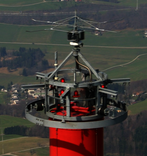 Mastspitze Sender Gaisberg mit Blitzfangstangen und darunterliegendem Messwiderstand
