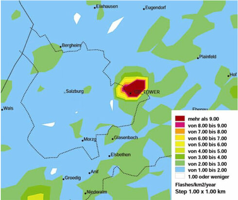 Blitzdichtekarte der Region um den Gaisberg, die einen deutlichen Hotspot an der Position des Sendemastes zeigt
