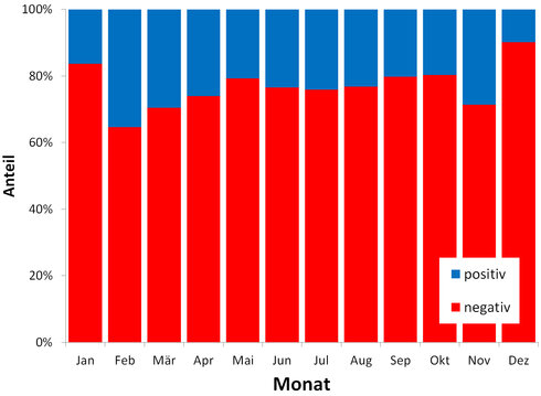 Diagramm der Polaritätsverteilung von Blitzentladungen nach Monaten.