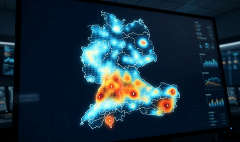 KI generiertes Bild der DACH Region mit einer Heatmap von Blitzen