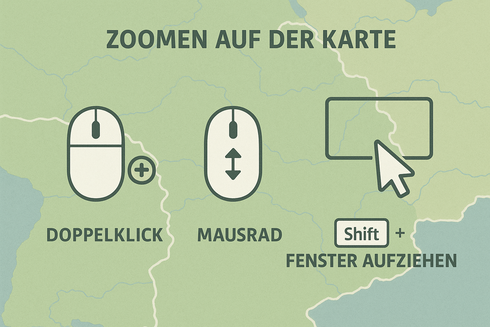 Unterschiedliche Zoom Methoden auf der Karte mit Maustaste, Mausrad und Mauszeiger