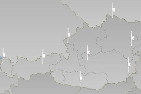landkarte von österreich mit eingezeichneten Blitzsensor Standorten in Hitzging, Schwaz, Hohemems, Niederöblarn, Nötsch, Fürstenfeld, Bad Vöslau und Dobersberg