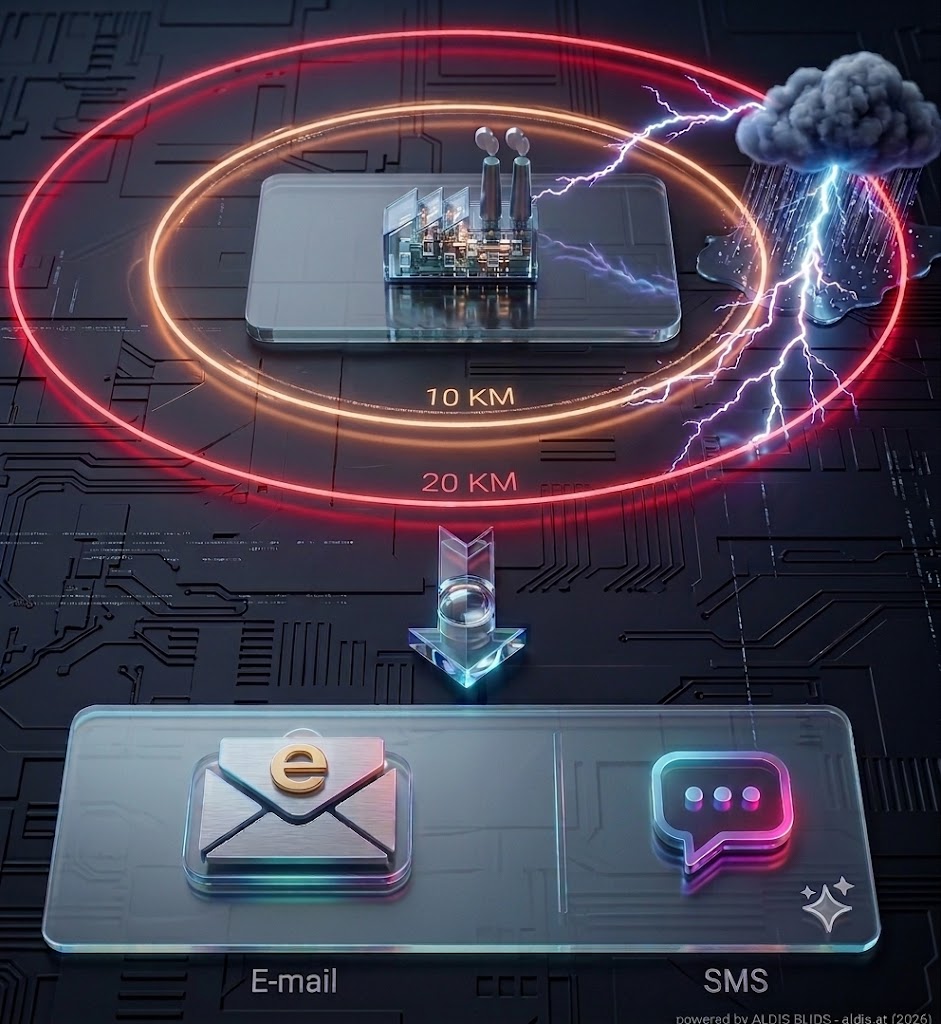 How ALDISalarm works: automatic alert when a storm is detected within the protection zone